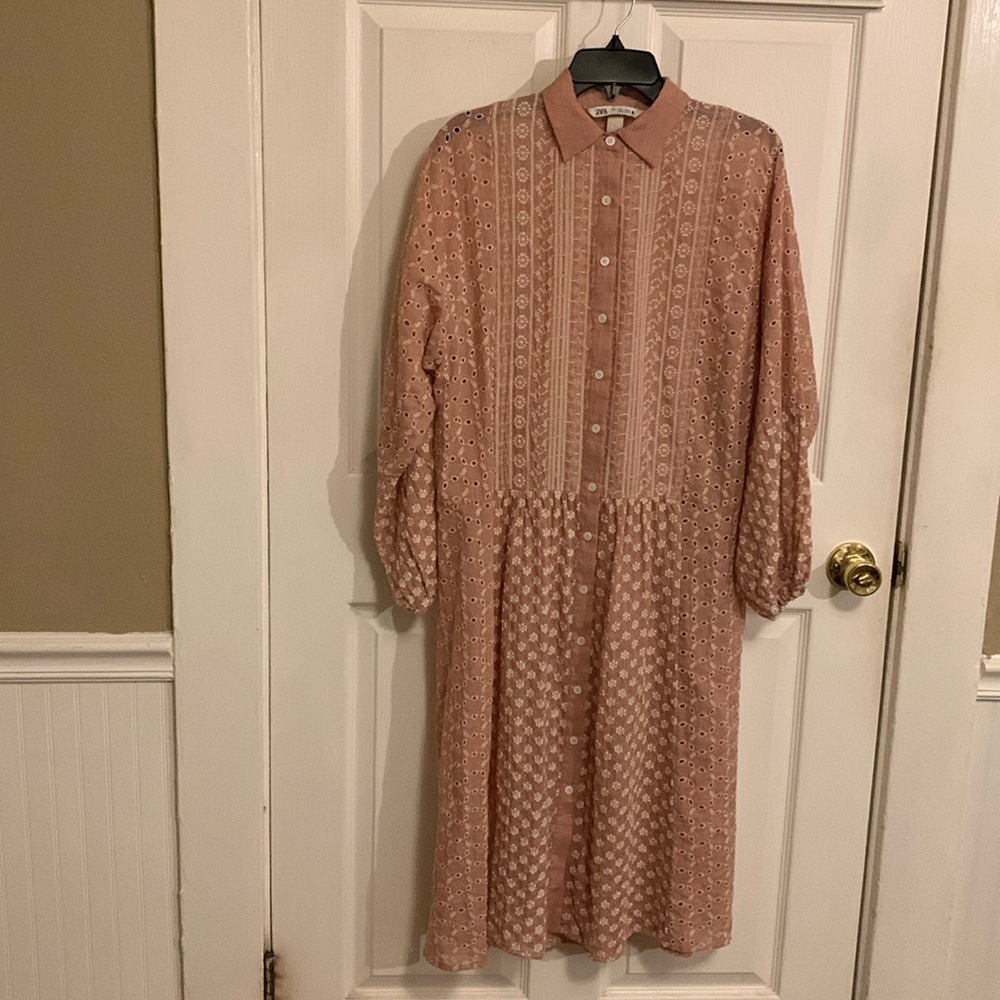 ZARA Malina Coquette Embroidered Pink White Floral Midi Dress 100% Cotton SZ S